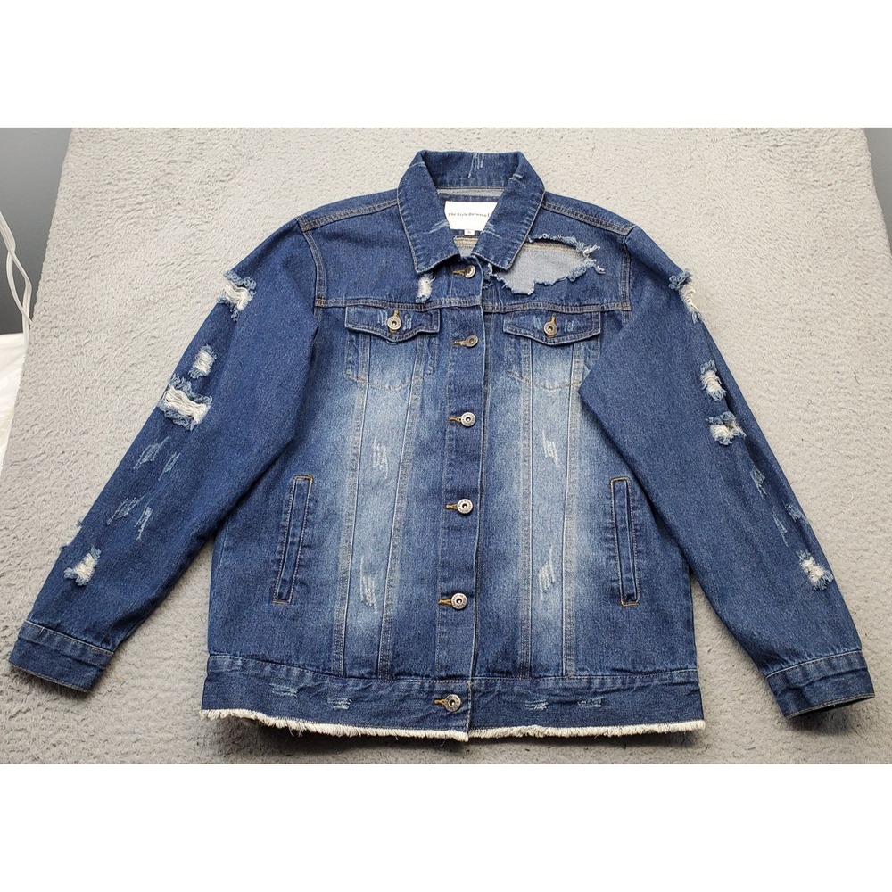 The‎ Style Between Us Denim Trucker Jacket Women XL Blue Distressed Button Front